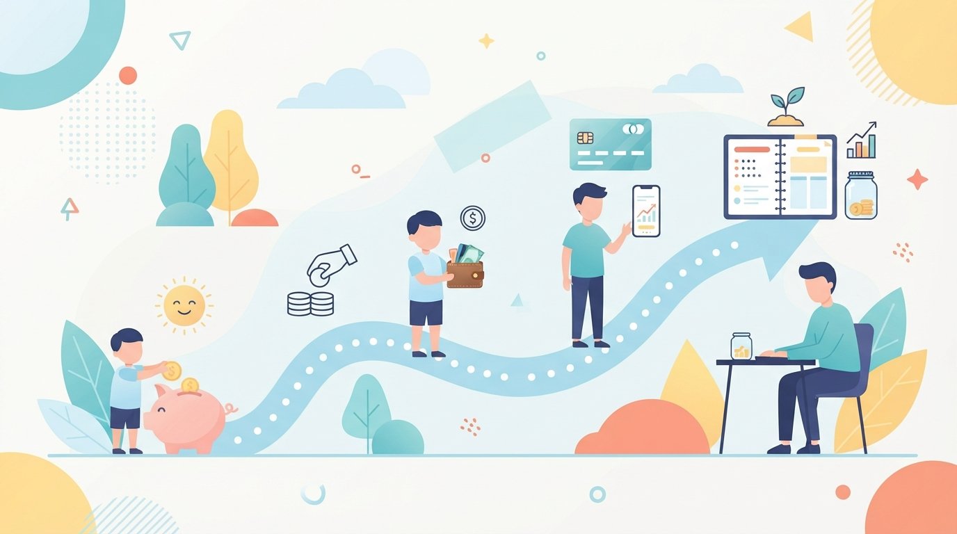 illustration showing how to teach kids about money at every age