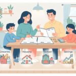 illustration showing a family managing household budgeting together
