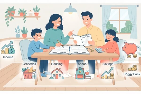 illustration showing a family managing household budgeting together