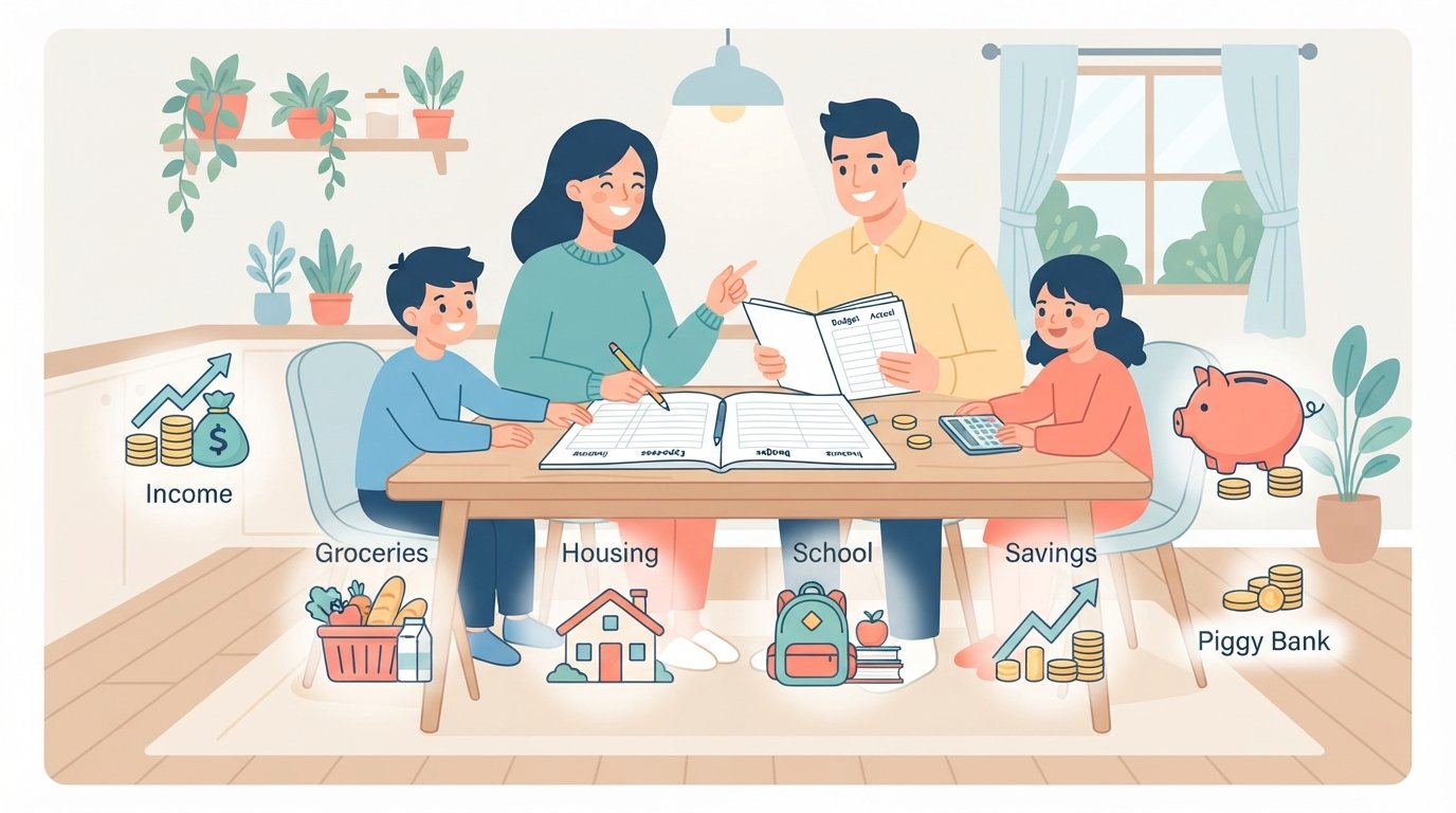 illustration showing a family managing household budgeting together