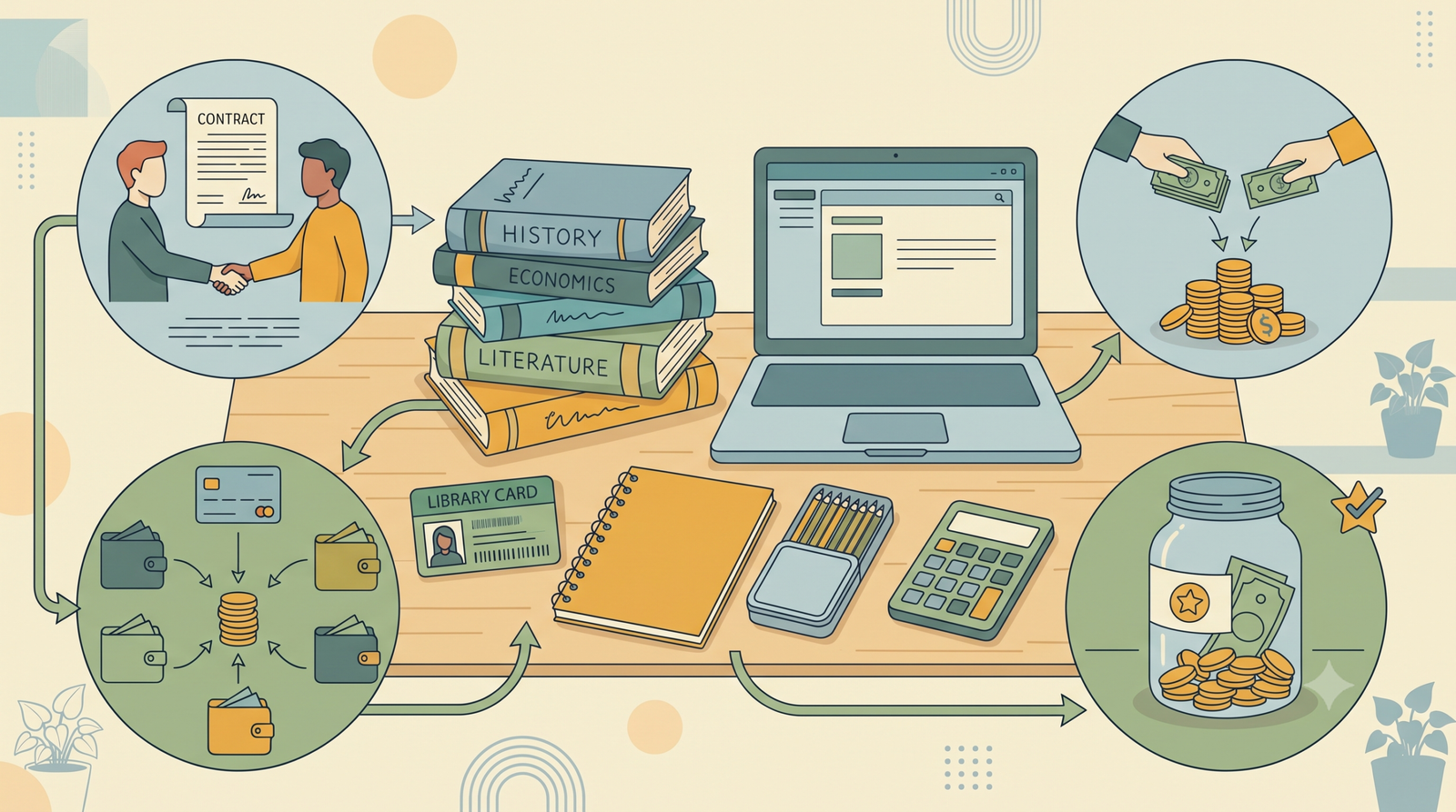 illustration showing ways to save money on textbooks and school supplies
