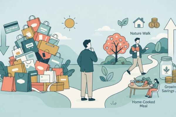 illustration showing how spending less can lead to a more fulfilling life