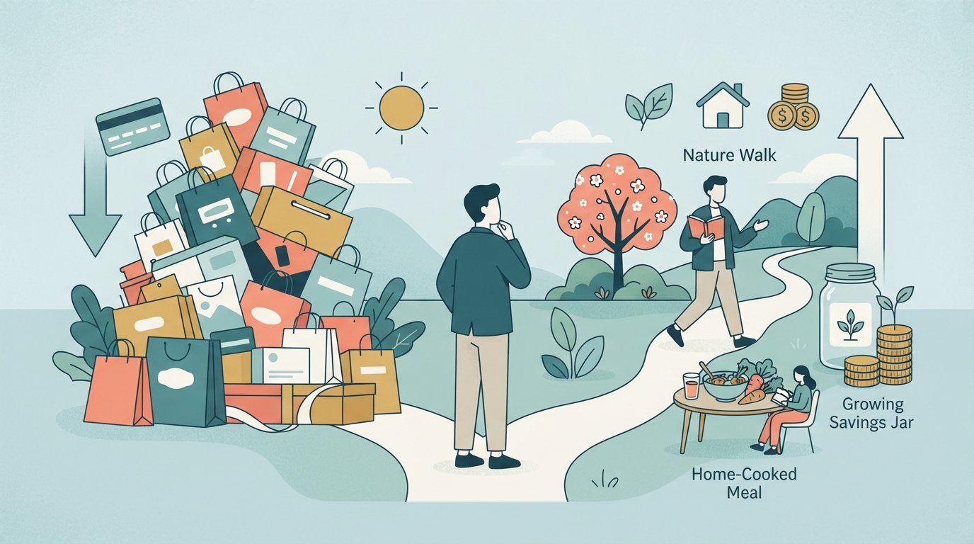 illustration showing how spending less can lead to a more fulfilling life