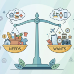 illustration comparing financial needs and wants when spending money