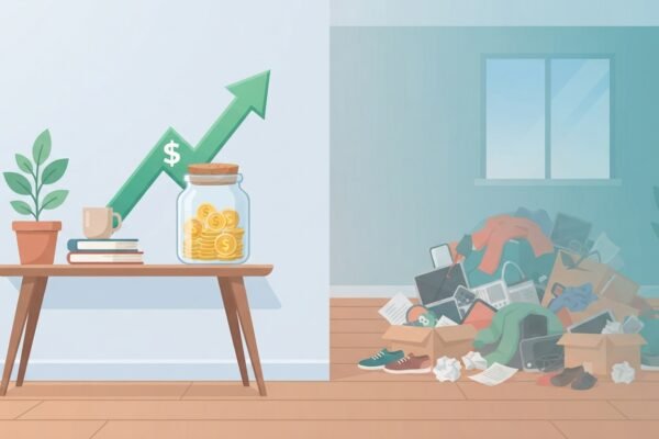 illustration showing how minimalism and owning less leads to saving more money