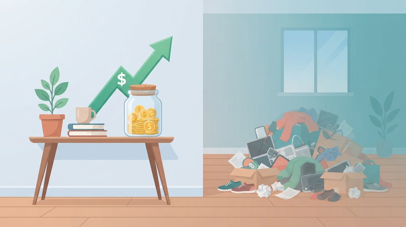 illustration showing how minimalism and owning less leads to saving more money
