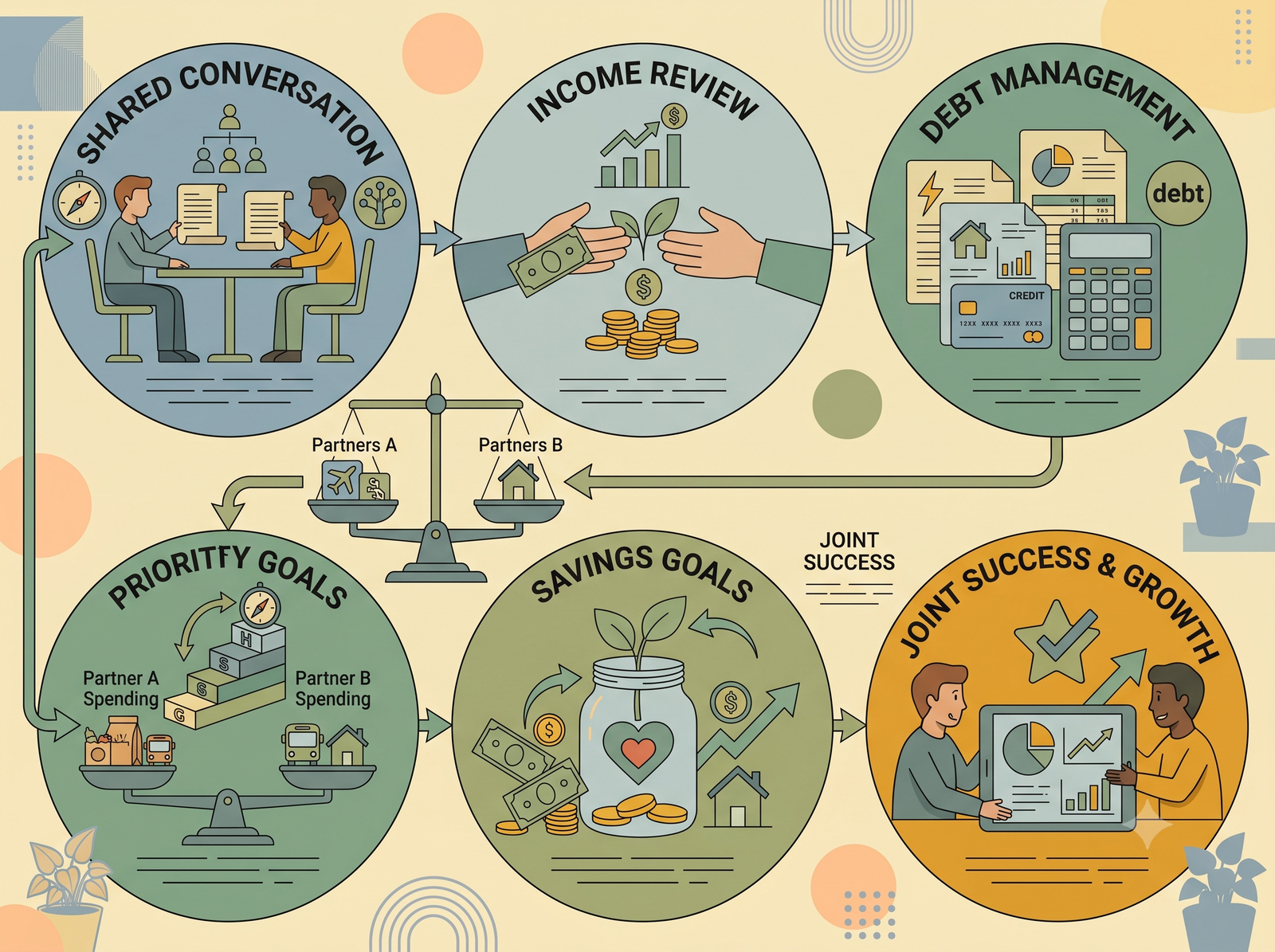illustration showing partners discussing money and household finances together